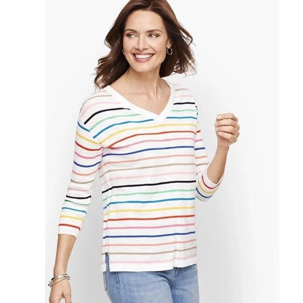 Talbots Rainbow Striped 3/4 Sleeve V‎ Neck Pull Over Sweater Womens Size Medium